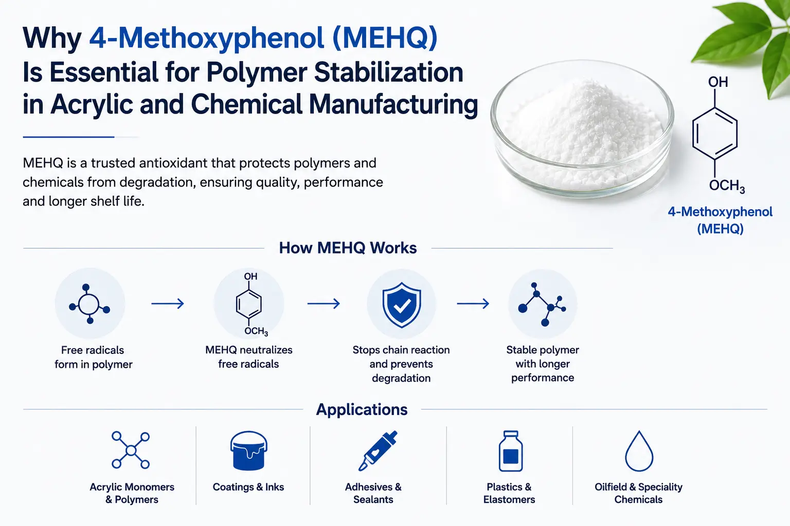4-Methoxyphenol (MEHQ) infographic showing polymer stabilization process and industrial applications in acrylic manufacturing.