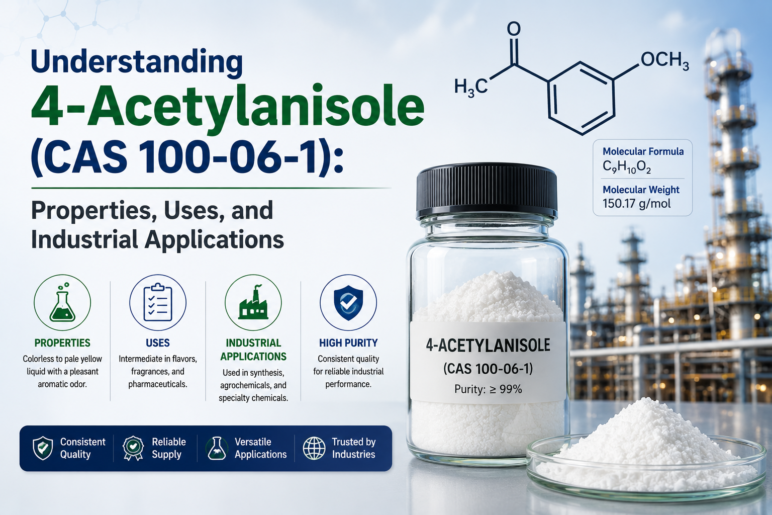 4-Acetylanisole (CAS 100-06-1) chemical compound with molecular structure, properties, uses.