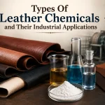 Leather chemicals with laboratory glassware and leather samples representing industrial applications.