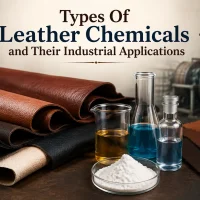 Leather chemicals with laboratory glassware and leather samples representing industrial applications.