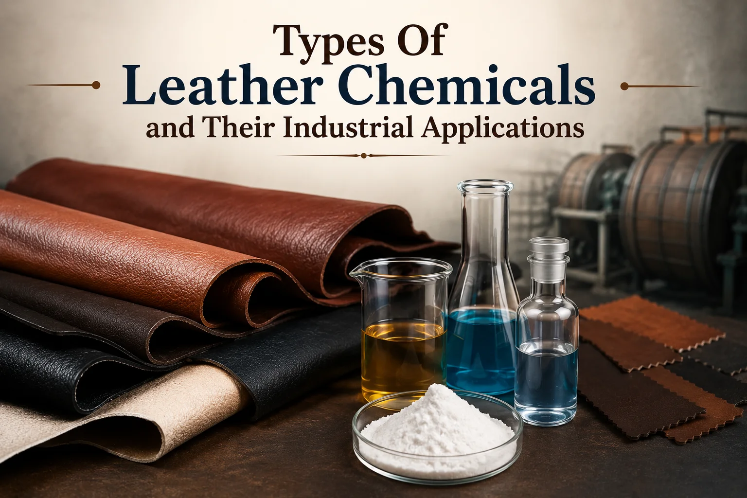 Leather chemicals with laboratory glassware and leather samples representing industrial applications.