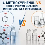 Comparison illustration of 4-Methoxyphenol vs other polymerization inhibitors with laboratory glassware and chemical structures.