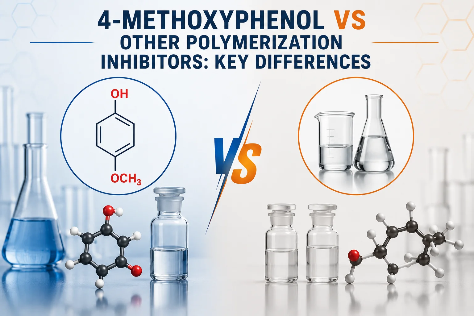 Comparison illustration of 4-Methoxyphenol vs other polymerization inhibitors with laboratory glassware and chemical structures.